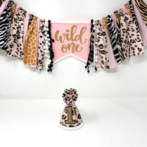 Girls animal print high chair banner - pink jungle banner - wild one - cheetah tiger zebra giraffe first birthday - girls first birthday hat