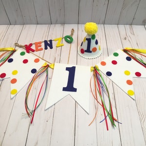 Första födelsedagshatt, banderoll, tårtdekoration - pojkars 1-årsdagsfesthatt - första födelsedagshatt - pojkars barnstolsbanderoll - mini födelsedagshatt bild 1