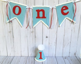 Boys 1st birthday hat and high chair banner - blue party hat - boys high chair banner - blue red and white hat and banner - birthday hat