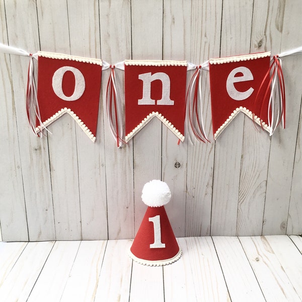 1st birthday hat - first birthday high chair banner and hat - red and white party hat - boys girls first birthday hat - mini party hat