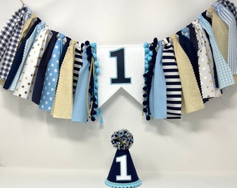 Blue and gold high chair banner - one banner - boys 1st birthday party hat - first birthday hat - boys high chair banner -navy blue gold