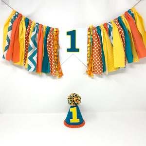 Boy or girl high chair banner - one banner -boys 1st birthday party hat - teal orange yellow -boys high chair banner -unisex first birthday
