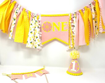Sombrero de estandarte de silla alta de limón y topper de pastel- fruta una pancarta - 1er cumpleaños limonada rosa - primer cumpleaños de las niñas - limonada rosa una pancarta