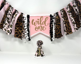 Girls leopard print high chair banner - pink jungle banner - wild one - cheetah first birthday banner -girls first birthday animal print hat