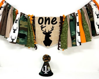 Deer hunting high chair banner - boys first birthday banner - camo and orange - deer theme - first birthday hat - boys banner and hat