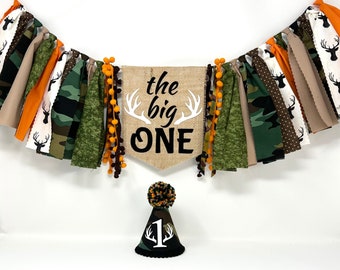 The big one deer hunting high chair banner - boys first birthday banner - camo and orange - deer theme - first birthday hat - boys banner