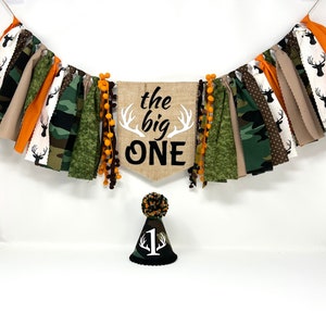 The big one deer hunting high chair banner - boys first birthday banner - camo and orange - deer theme - first birthday hat - boys banner