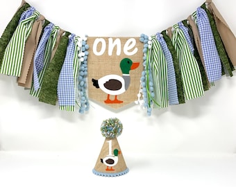 Duck high chair banner - boys mallard birthday banner - one lucky duck theme - mallard duck -first birthday high chair banner - birthday hat