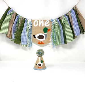 Duck high chair banner - boys mallard birthday banner - one lucky duck theme - mallard duck -first birthday high chair banner - birthday hat