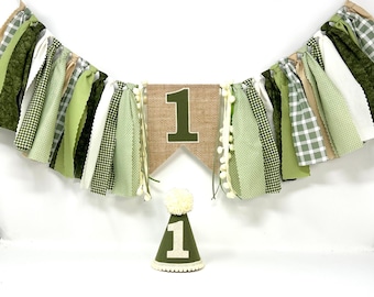 Sage and beige high chair banner - one banner - boys 1st birthday party hat - first birthday banner - boys high chair banner - olive ivory