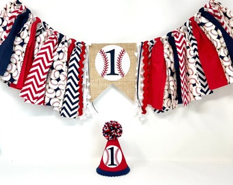 Baseball high chair banner - cake topper - boys 1st birthday party hat - first birthday hat - navy blue and red baseball birthday banner
