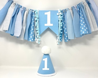 男の子用ブルーハイチェアバナー - 1歳の誕生日バナー - 男の子1歳の誕生日パーティーハット - 1歳の誕生日ハット - 男の子用ハイチェアバナー - ライトブルー