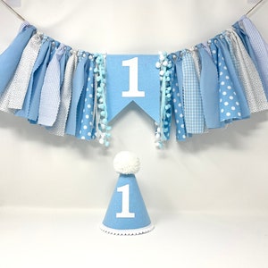 Boys blue high chair banner - first birthday banner - boys 1st birthday party hat - first birthday hat - boys high chair banner - light blue