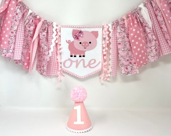 Pink pig high chair banner - pig one banner - first birthday banner - girls pink piggy first birthday - girls first birthday hat