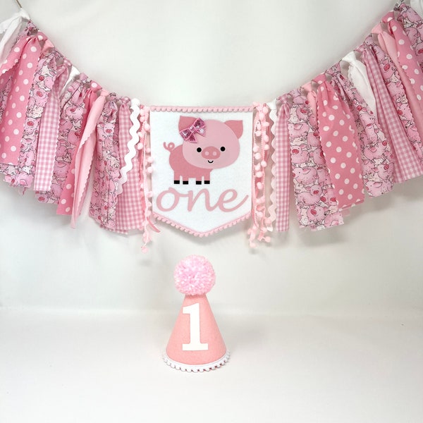 Pink pig high chair banner - pig one banner - first birthday banner - girls pink piggy first birthday - girls first birthday hat