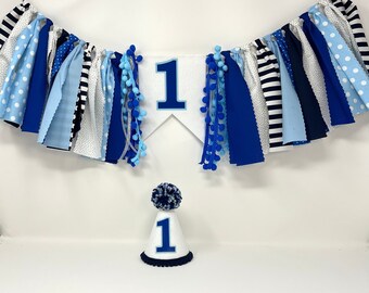 Blue and silver high chair banner - one banner - boys first birthday party hat - 1st birthday hat - boys high chair banner -navy blue silver