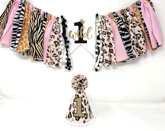 Wilde kinderstoelbanner voor meisjes - roze junglebanner - dierenprint - cheetah tijger zebragiraf eerste verjaardag - hoed meisjes eerste verjaardag