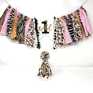 Girls wild one high chair banner - pink jungle banner - animal print - cheetah tiger zebra giraffe first birthday - girls first birthday hat