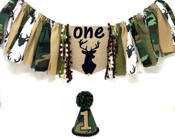 Deer high chair banner - boys first birthday banner - hunting theme - camo - first birthday hat - boys birthday banner and hat