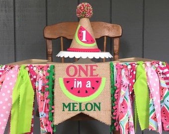Watermelon high chair banner - 1st birthday party hat - one in a melon - first birthday hat -  one in a melon high chair banner -girls first