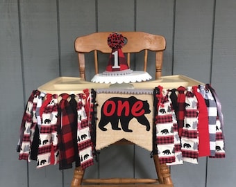 Woodland high chair banner - lumberjack high chair banner - buffalo plaid - first birthday hat - boys first birthday banner