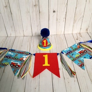 Boys birthday hat and high chair banner - 1st birthday hat - 2nd birthday hat - car theme birthday hat - mini birthday hat - first birthday