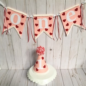 Valentines day theme banner and hat - Girls 1st birthday hat and banner - pink party hat - pink and red high chair banner - red hearts