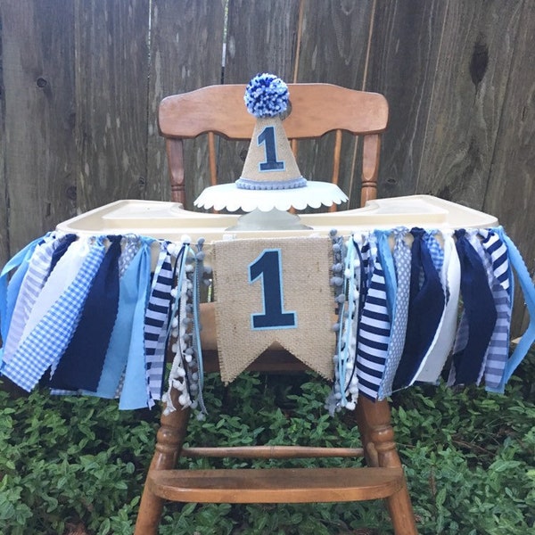 Boys birthday banner - blue high chair banner - boys 1st birthday party hat - first birthday hat - boys high chair banner - blues and gray