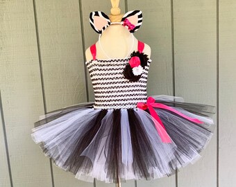 Zebra costume - zebra tutu -  halloween costume - black and pink zebra dress - girls halloween costume - girls dress up - zebra headband