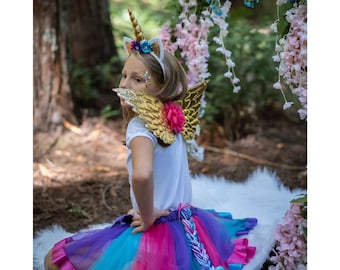 Disfraz de unicornio pegaso - disfraz de halloween para niñas - disfraz de unicornio dorado - disfraz de halloween para niña- diadema de unicornio- tutú de unicornio- alas