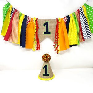 Boys first birthday high chair banner - bright colors one banner - boys 1st birthday party hat - first birthday hat and banner - burlap