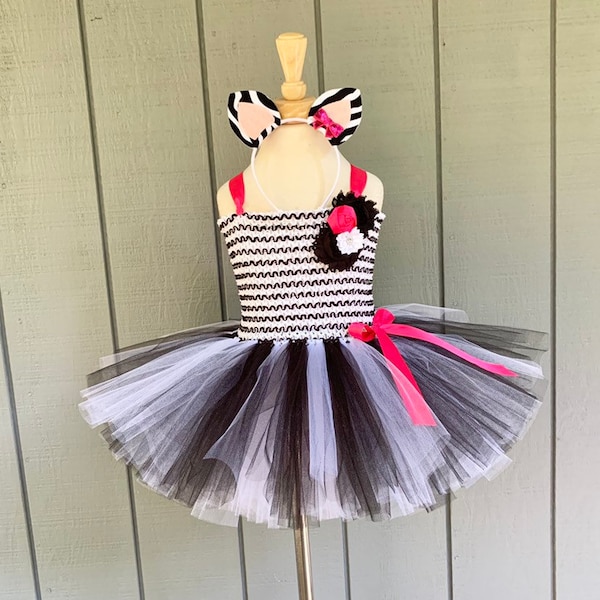 Zebra costume - zebra tutu -  halloween costume - black and pink zebra dress - girls halloween costume - girls dress up - zebra headband