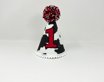 First birthday cow print hat - farm theme birthday hat - boys girls 1st birthday hat - black white and red - birthday hat with cow print