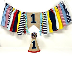 Boys one banner - blue red yellow high chair banner - boys 1st birthday party hat - first birthday hat - boys high chair banner - blues