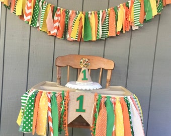 Boys first birthday high chair banner - orange and green high chair banner - boys 1st birthday party hat - first birthday hat - Banner