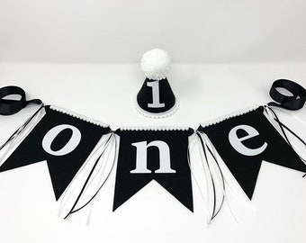 Boys first birthday hat and one high chair banner - black and white - 1st birthday hat - 1st Birthday Banner - first birthday photo shoot