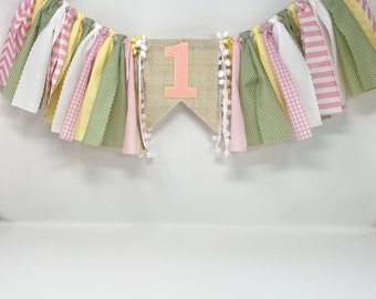 Light pink pale yellow and sage green high chair banner -pink yellow - girls 1st birthday - first birthday -high chair banner - one banner