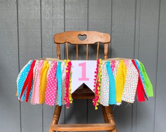 One high chair banner - confetti high chair banner - fiesta banner - polka dot birthday banner - girls high chair banner - pink yellow red