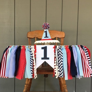 High chair banner - boys blue and red birthday banner - boys 1st birthday party hat - first birthday hat - boys high chair banner - navy