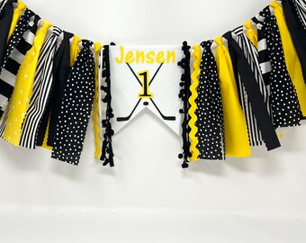 Boys hockey high chair banner - first birthday high chair banner - black and yellow hockey banner -hockey birthday banner -high chair banner