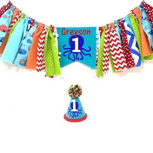 Octopus high chair banner - whale birthday banner - boys 1st birthday party hat - ocean theme - under the sea - first birthday hat