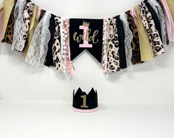 Girls wild one high chair banner - cheetah banner - animal print - cheetah leopard birthday -girls first birthday crown- pink black gold