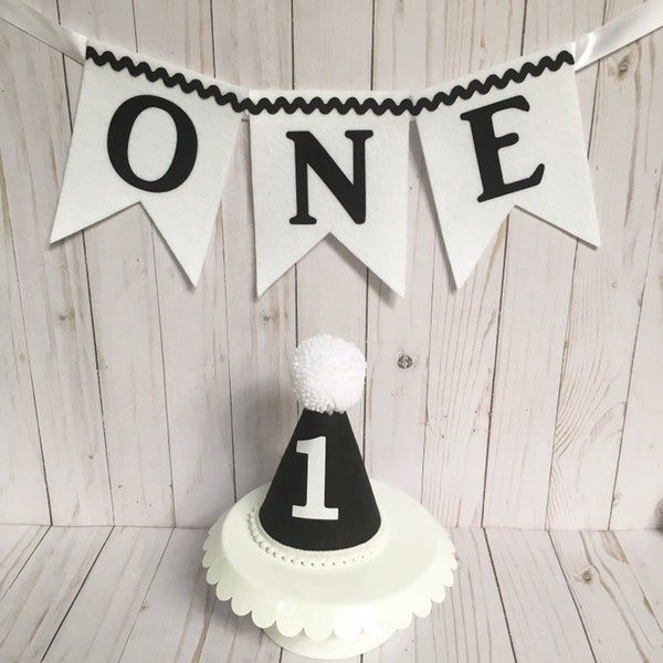 First birthday hat - 1st birthday party hat - 1st birthday hat - black and white birthday hat - high chair banner - birthday banner