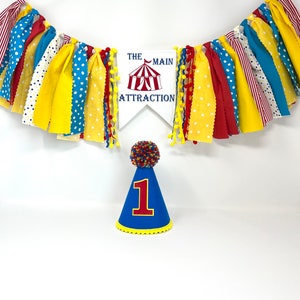 Circus high chair banner - boys first birthday banner - the main attraction -circus - first birthday high chair banner -boys birthday hat