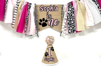 Girls puppy birthday banner - puppy theme high chair banner - girls 1st birthday party hat - pink dog first birthday hat - paw print- burlap
