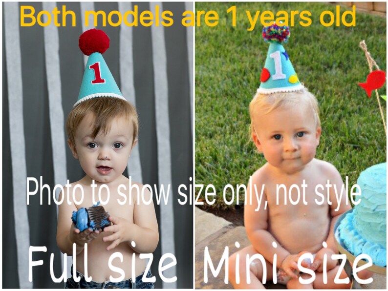 May include: Two toddlers wearing blue and white birthday hats with the number "1" on them. The text "Both models are 1 years old" is above the image. The text "Photo to show size only, not style" is below the image. The text "Full size" is below the toddler on the left and the text "Mini size" is below the toddler on the right.