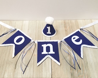Boys 1st birthday hat and banner - mini first birthday party hat - boys high chair banner - blue and white hat and banner - birthday hat