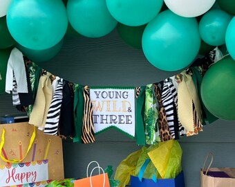 Young wild and three banner - green jungle banner - animal print - cheetah tiger zebra giraffe birthday -black first birthday crown