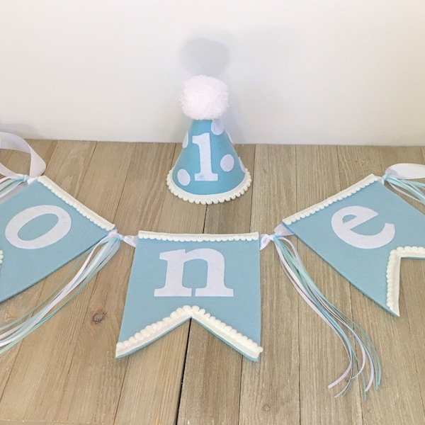 Boys 1st birthday hat and banner - blue party hat - boys high chair banner - blue and white hat and banner - birthday hat - one banner - hat