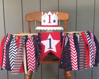 4th of July birthday banner - cake topper - boys 1st birthday party hat - first birthday crown - boys high chair banner - patriotic theme